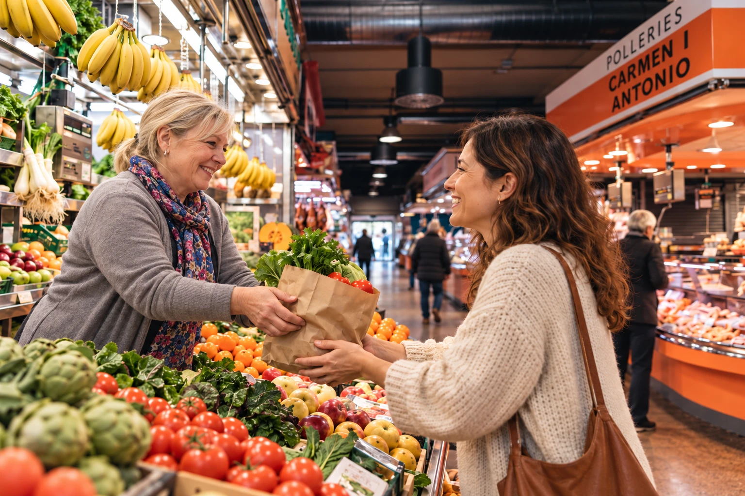 Muntatge amb IA basat en fotografies del Mercat de Provençals: paradista de fruita atenent una clienta, amb el rètol Polleries Carmen i Antonio al fons